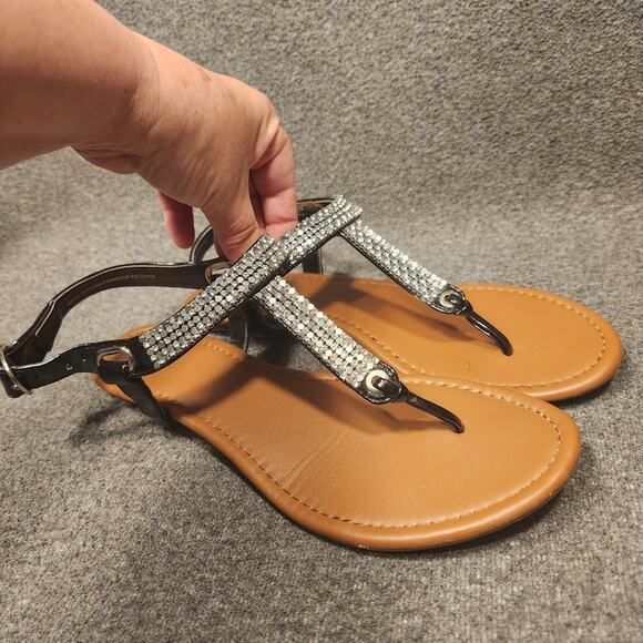 MAURICES Black Thong Crystal Silver Detail Ankle Strap Sandals Womens 8.5 or 9 - Picture 1 of 12